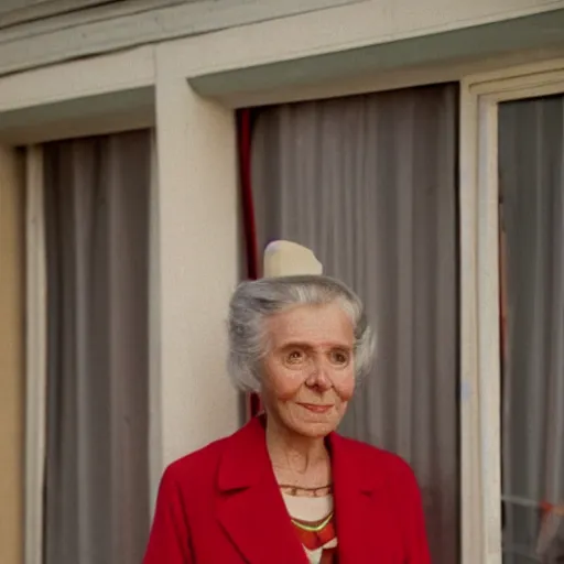 Prompt: 1986 color Medium Shot portrait of a very well-dressed old lady in a balcony of a red hotel, photo made by Wes Anderson award winning, 4K