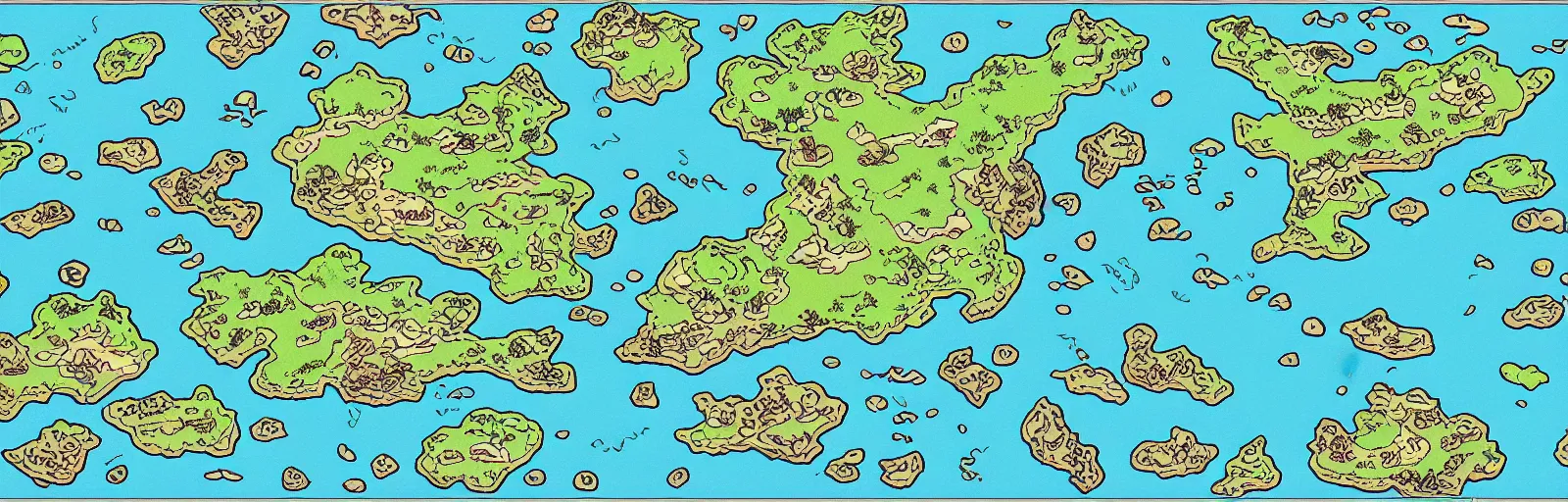 Image similar to a rpg map divided into colored regions surrounded by ocean, flat colors and strokes