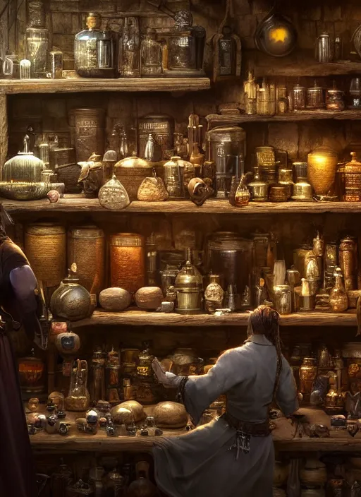 Image similar to potion seller in his store selling potions, ultra detailed fantasy, elden ring, realistic, dnd, rpg, lotr game design fanart by concept art, behance hd, artstation, deviantart, global illumination radiating a glowing aura global illumination ray tracing hdr render in unreal engine 5