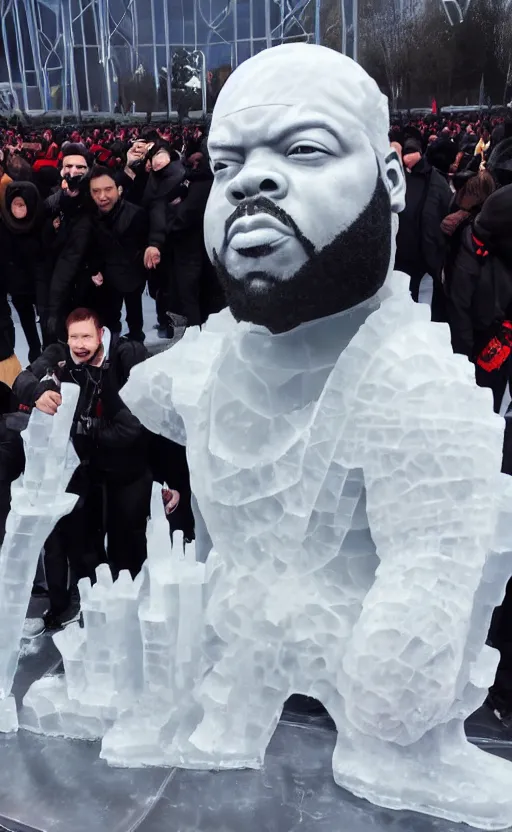 Image similar to dramatic photo, the rapper'ice cube'carving a full body ice sculpture of rapper'ice cube'at harbin ice festival, wide angle photo, award winning, artgerm, wlop, james gurney, trending on artstation