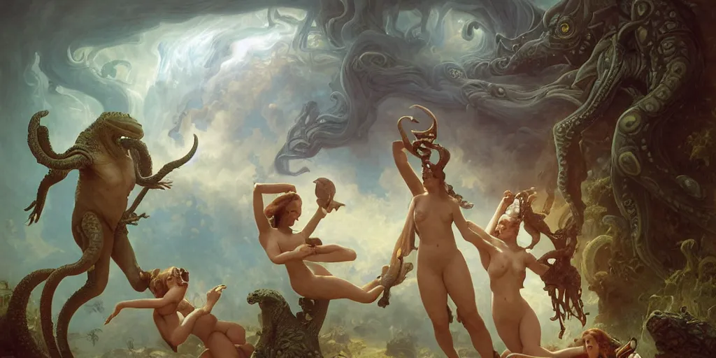 Image similar to Fantasy fairytale story, Great Leviathan Turtle, cephalopod, Cthulhu Squid, Mysterious Island, center Universe, accompany hybrid, Mystical Valkyrie Cyborg, Anubis Reptilian, Atlantean Warrior, intense fantasy atmospheric lighting, hyperrealistic, William-Adolphe Bouguereau, François Boucher, Jessica Rossier, Michael Cheval, michael whelan, Cozy, hot springs hidden Cave, Forest, candlelight, natural light, lush plants and flowers, Spectacular Mountains, bright clouds, luminous stellar sky, outer worlds, Solar Flare Unreal Engine, HD,