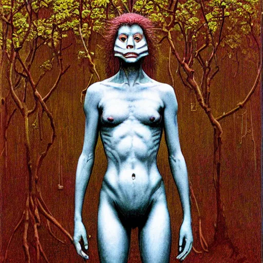 Image similar to a dystopian 3 5 mm 1 9 8 0 s full body portrait of a p - zombie!!! natural lighting art dawn. highly detailed. colourful. moody. artstation, 4 k, by gerald brom zdzisław beksinski, and ansel adams and studio ghibli, horror, lots of sakura!!! flowers!!!, lovely