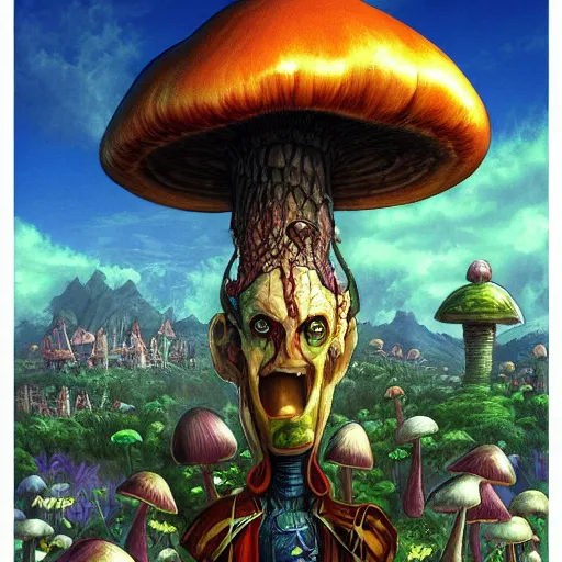 Image similar to 4 k headshot portrait of a psychedelic demonic anthropomorphic insect knight with mushroom themed clothes, magic mushroom village in background by jeff easley, award winning, stylized neon, post - processing, masterpiece, superb resolution. in the art style of junji ito and greg rutkowski. detailed mushroom city in background. hyper realistic anime. perfect art. dalle 2