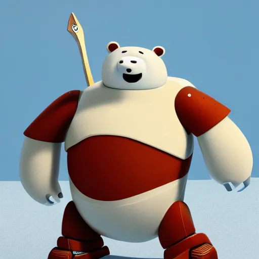 Image similar to ice bear as a robot with an axe from we bare bears in san fransisco, 8 k, weta pixar disney hyper realistic lifelike raytraced cinematic still photography