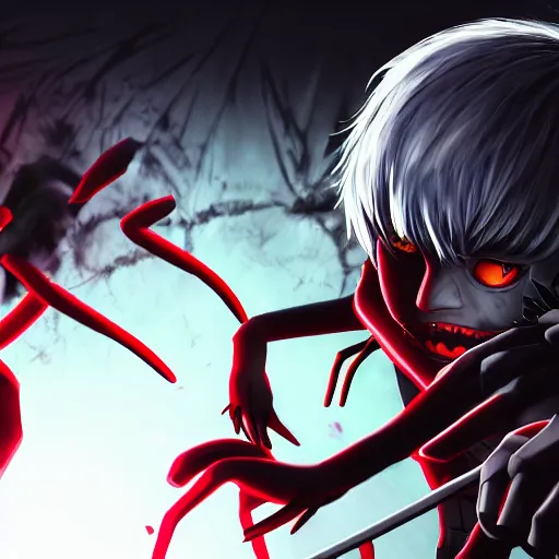 Image similar to kaneki using his centipede kagune to fight jason in tokyo ghoul, still, landscape, hd, dslr, hyper realistic, anime, illustration