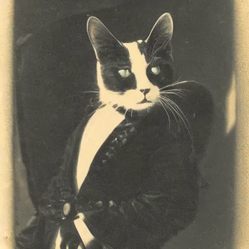 Image similar to an ominous old photo portrait of a cat baron. haunted