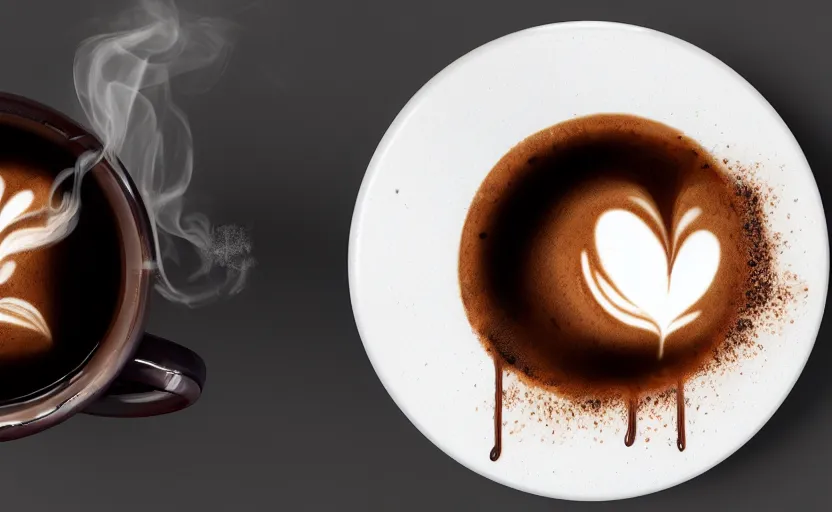 Image similar to a beautiful graffiti of a hot cup of coffee, the steam is forming the three rings, 8 k, photorealistic, raytracing effects, unreal engine 5