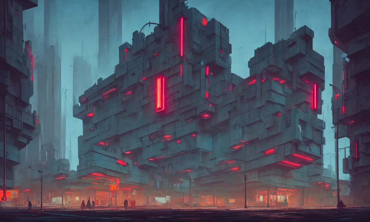 Image similar to brutalist architecture, colorful neon signs, raphael lacoste, eddie mendoza, alex ross, concept art, matte painting, highly detailed, rule of thirds, dynamic lighting, cinematic, detailed, denoised, centered