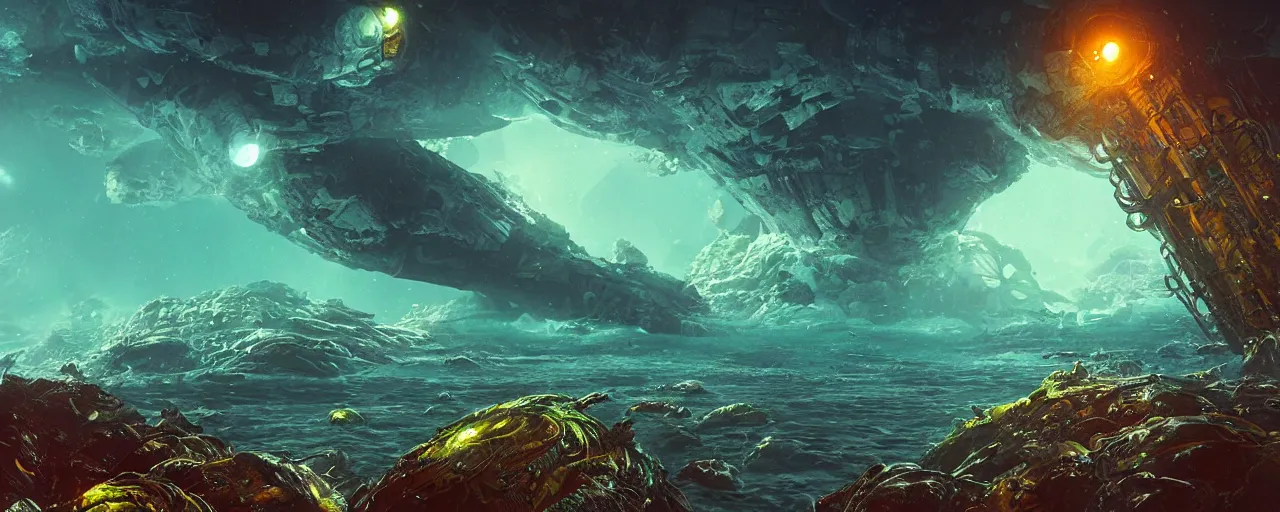 Prompt: ” underwater alien landscape, [ organic, liquid, cinematic, detailed, epic, widescreen, opening, establishing, mattepainting, photorealistic, realistic textures, octane render, art by slop and paul lehr ] ”