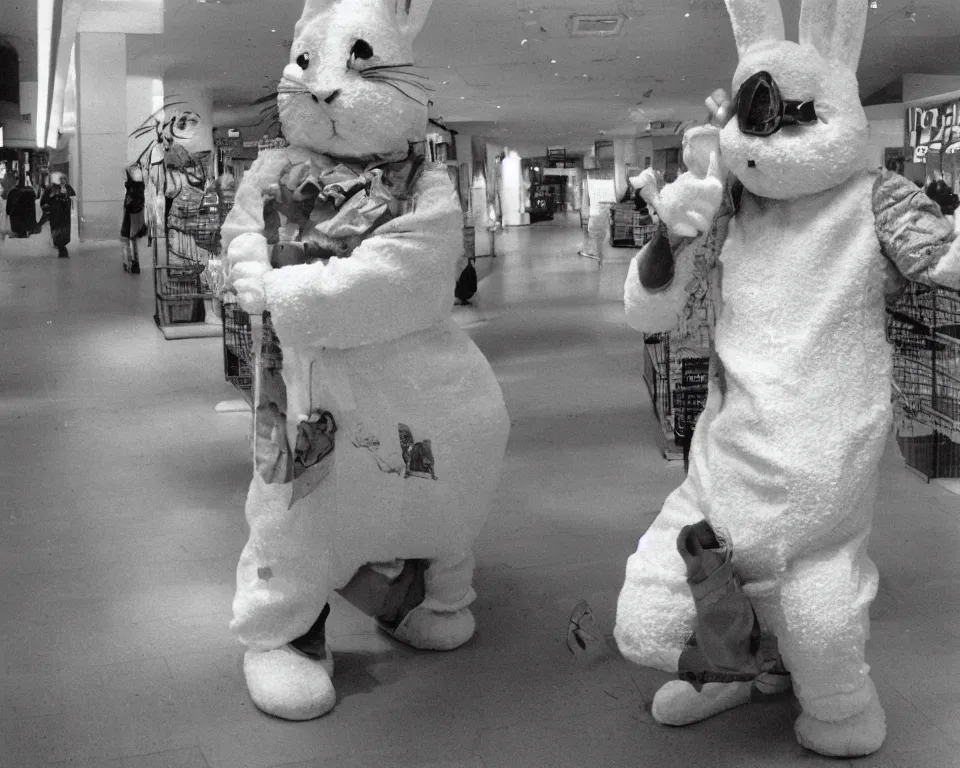 Image similar to the Easter Bunny at a very old mall, horror