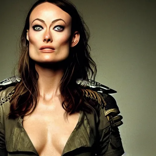 Image similar to beautiful portrait of Olivia Wilde, clothed in military armor, 35mm, cinematic atmosphere, photorealistic, depth of field, from StarCraft, style of irwing penn and steve mccurry