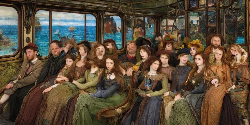 Image similar to detailed colour preraphaelite photograph group portrait of amazingly cool characterful people sat down extreme closeup, in the inside of the beautiful underwater train to atlantis, every face lifelike expressions, crowds of people sat down wearing unusual clothes, by william powell frith, 4 k