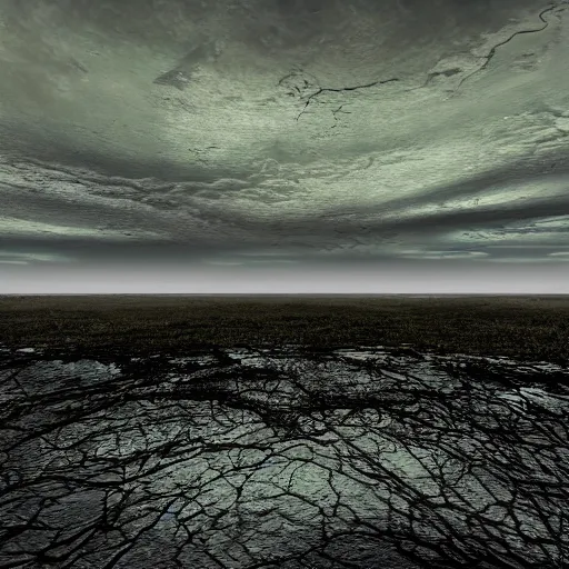 Prompt: a big swamp between black sand hills,inspired by Japanese landscape ,hint of gold ,dark,atmospheric,dusk,photo real,ultra realistic, concept art, hdri, 4k -