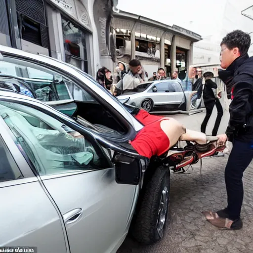 Image similar to car manipulator picks up one person from a queue of people looking for a store