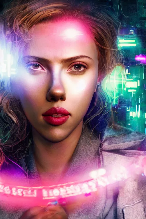 Image similar to portrait scarlett johansson masterpiece high fashion photography, bokeh, ready player one, scifi repair workshop, neon lights, james gurney, katsuhiro otomo, james paick, cinematic lighting, artstation, glowsticks, smoke, Craig Mullins, Greg Rutkowski, Pete Morbacher, Tuomas Korpi, tekkon kinreet, volumetric light, artstation, , octane render, redshift render, low angle camera by Edgar Maxence and Ross Tran and Michael Whelan, Legends of Runeterra