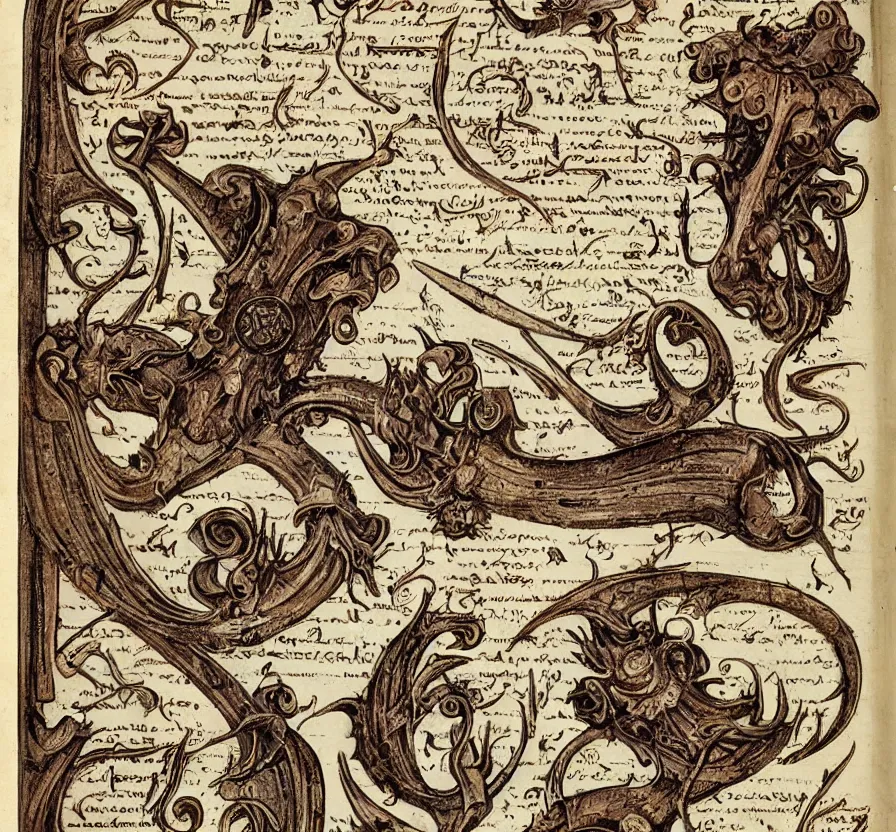 Prompt: estrange calligraphy, detailed, medieval, scary, fred rambaud, high detail, dramatic, blood letter, infographic, textbook, specimens, hortorium, scientific study