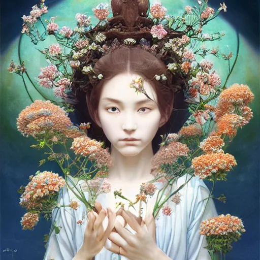 Prompt: breathtaking detailed concept art painting of the goddess of nemophila flowers, orthodox saint, with anxious, piercing eyes, ornate background, amalgamation of leaves and flowers, by Hsiao-Ron Cheng, James jean, Miho Hirano, Hayao Miyazaki, extremely moody lighting, 8K