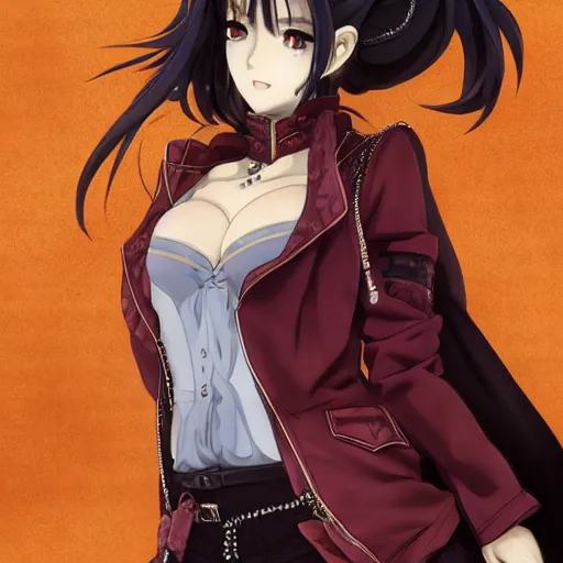 Image similar to portrait of a beautiful! alluring anime woman wearing a 2 0 3 0's stained dirty torn japanese school uniform, gorgeous face, leather bomber jacket, katana scabbard, realistic, hyper detailed, dynamic action poses, concept art, jojo's bizarre adventure, in style of hirohito araki, chiaroscuro, anime aesthetic