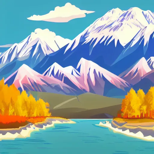 Image similar to flat design of Scenic fall landscape with snow-capped mountains in Denali National Park, Alaska, vivid colours, extremely colourful, magical, anime style, digital illustration, extremely realistic, accurate details, clean aesthetic, remove dirt and dust and scratches, denoise, smooth texture, 2d art