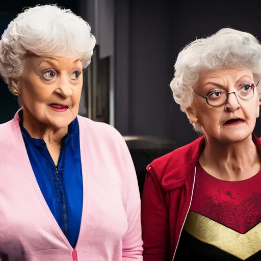 Image similar to Avengers Endgame (2019) played Rose and Dorthy from the Golden Girls, close up action, 8K, 4K, action shot, movie still, cinematic