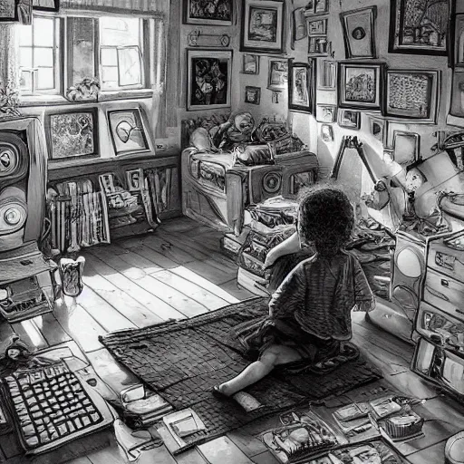 Prompt: a black and white photo, a child sits in a cluttered bedroom, in front of a computer, as their imagination spills onto the screen ond out the other side into a wave of color and magic, detailed intricate ink illustration, dark atmosphere, detailed illustration, hd, 4k, digital art, overdetailed art, concept art, by greg rutkowski, by loish, complementing colors, Trending on artstation, deviantart