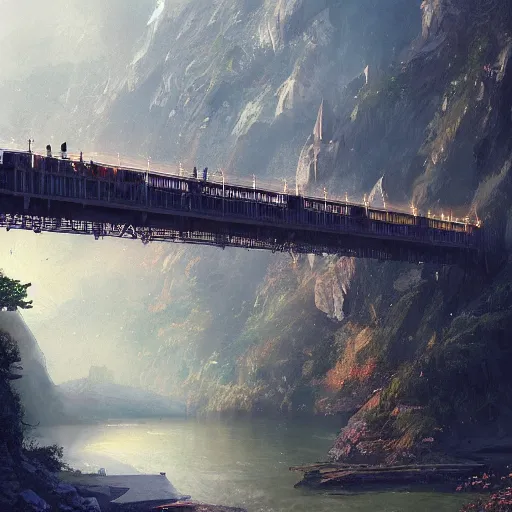 Image similar to Cannobio, St. Anna Gorge bridge, soft, light, bright, epic, awesome,digital art, by Simon baek and Greg rutkowski