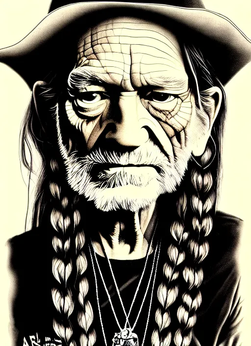 Prompt: an extremely detailed masterpiece grunge drawing of willie nelson, in the style of richard avedon and abigail larson, after life, loony toons style, horror themed, detailed, elegant, intricate, trending on artstation, 4 k