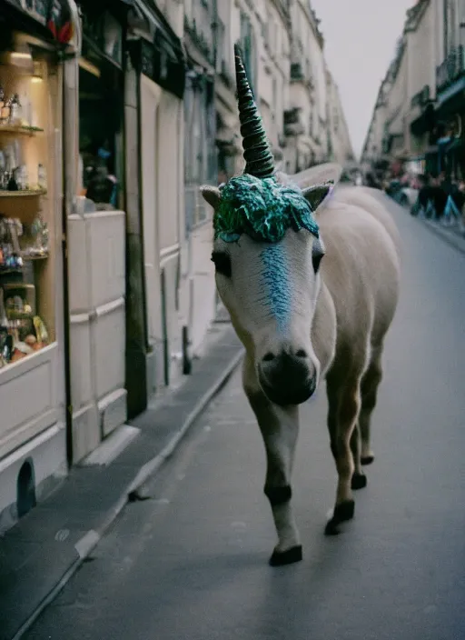 Image similar to a unicorn in paris, a cat and a piece of cabbage are crawling out of the unicorn, lsd, canon 5 d 5 0 mm lens fuji 8 0 0 film