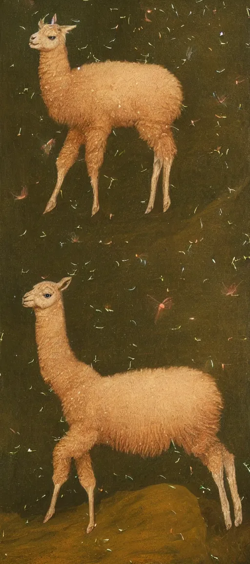 Image similar to detailed medieval oil painting of an alpaca in the forest of pastel feathers lit by small fireflies at night