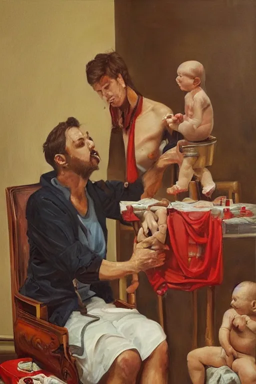 Image similar to hyper realistic oil painting of a handsome man sitting in a gilded chair with tubes coming out of his arm, getting a blood transfusion from a baby in the background. dark. masterpiece