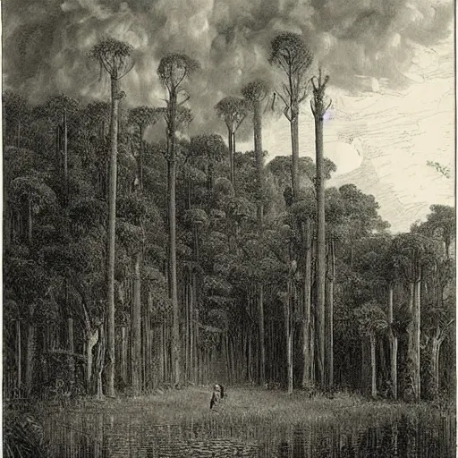 Prompt: the town of siena in the midst of the amazon forest. italian architecture, huge tropical trees, dark, atmospheric, stormy weather, gustave dore 1 8 6 5