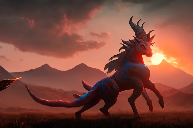 Image similar to scaled mythical creatures threatens the humankind. kaizu, highlight scene of movie, box office hit, sunset horizon, high quality, highly detailed 8 k, unreal engine 5, artstation