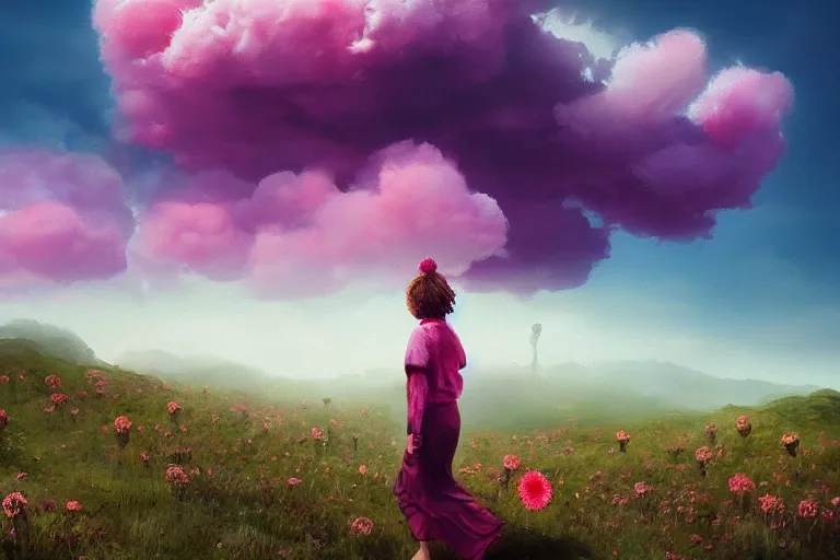 Image similar to giant dahlia flower head, girl walking on mountain, surreal photography, pink storm clouds, dramatic light, impressionist painting, digital painting, artstation, simon stalenhag