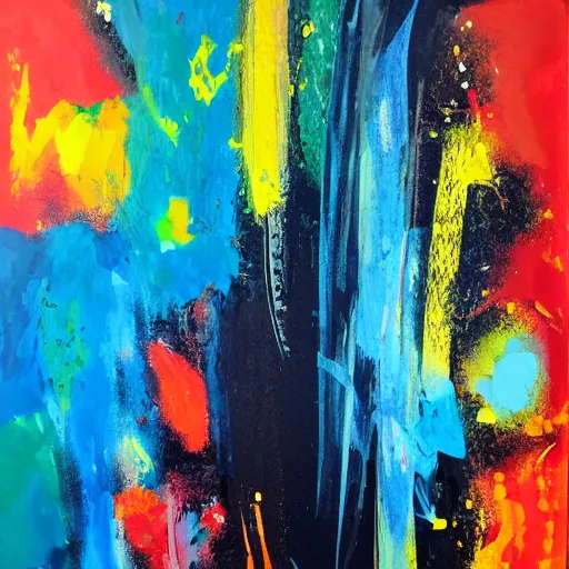 Image similar to abstract art painting, light to dark, bold brush strokes and random paint splatters, acrylic on canvas