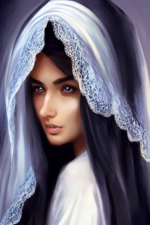 Image similar to Ameera al-Taweel, blue eyes, long wavy black hair, , white veil, closeup, focus face, elegant, highly detailed, centered, digital painting, artstation, concept art, art by artgerm