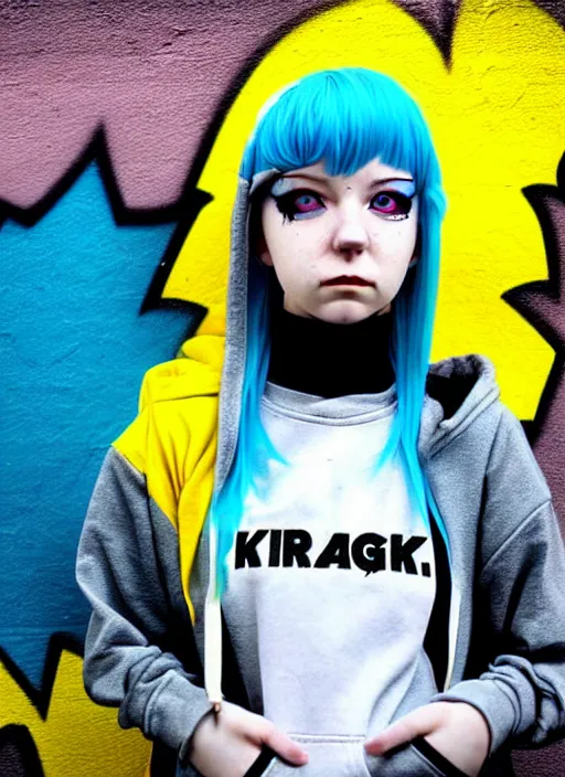 Image similar to highly detailed portrait of a city punk lady student, blue eyes, hoodie, white hair by akira toriyama, gradient yellow, black, brown and cyan blue color scheme, grunge aesthetic!!! ( ( graffiti tag wall background ) )