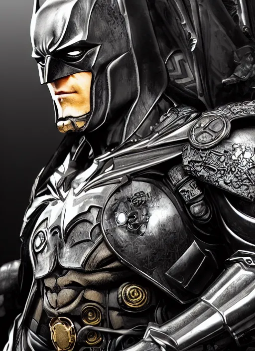 Image similar to hyper realistic batman in a obsidian metal armor, futuristic design, designed by makoto kobayashi and luca zampriolo, portrait, cyberpunk style, wood and gold details, intricate, extremely detailed, ornate, deep of field, hard surface, exoskeleton, substance designer metal unreal engine. amazing likeness. very detailed.