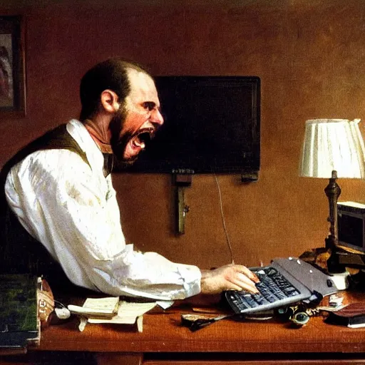 Image similar to an angry man yells at his computer monitor, oil on canvas, 1 8 8 3, highly detailed