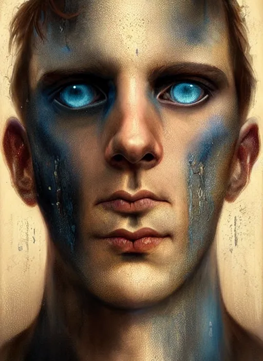 Image similar to an ominous portrait of a burned man with beautiful blue eyes and short brown hair, art by manuel sanjulian and tom bagshaw