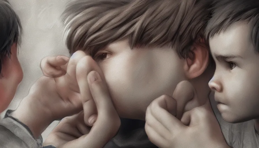 Image similar to a boy touching his father's hair, artstation, cinematic