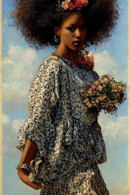 Image similar to close - up fashion afro woman portrait airy flowers cloudy sky art by vasnetsov