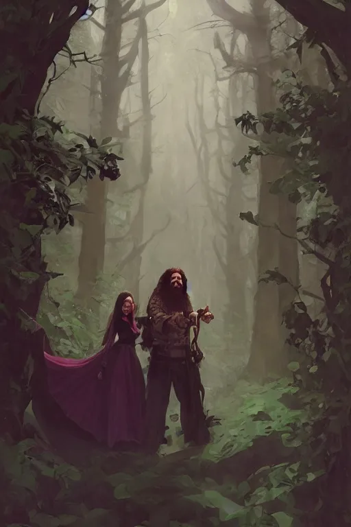 Image similar to hagrid the viking and gothic medieval morticia addams walking in enchanted forest with flowers, greg manchess painting by sargent and leyendecker, fantasy medium shot asymmetrical intricate elegant matte painting illustration hearthstone, by greg rutkowski by greg tocchini by james gilleard