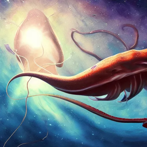 Image similar to giant squid floating in space, 8k, digital art, sci-fi, trending on artstation