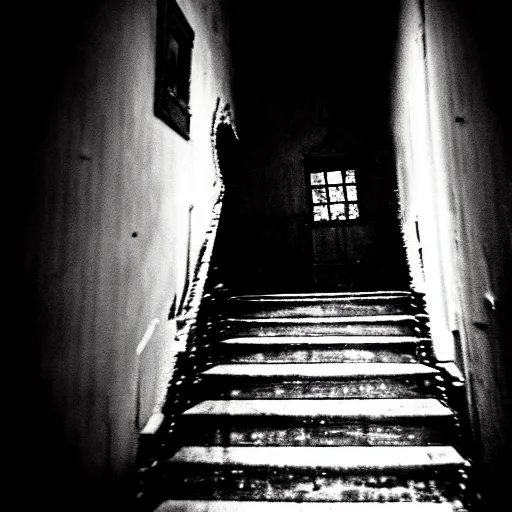 Image similar to grainy photograph of a dark and dilapidated staircase, positioned at the bottom step looking up the staircase, a ghost that looks like 2 1 savage in the darkness at the top of the stairs