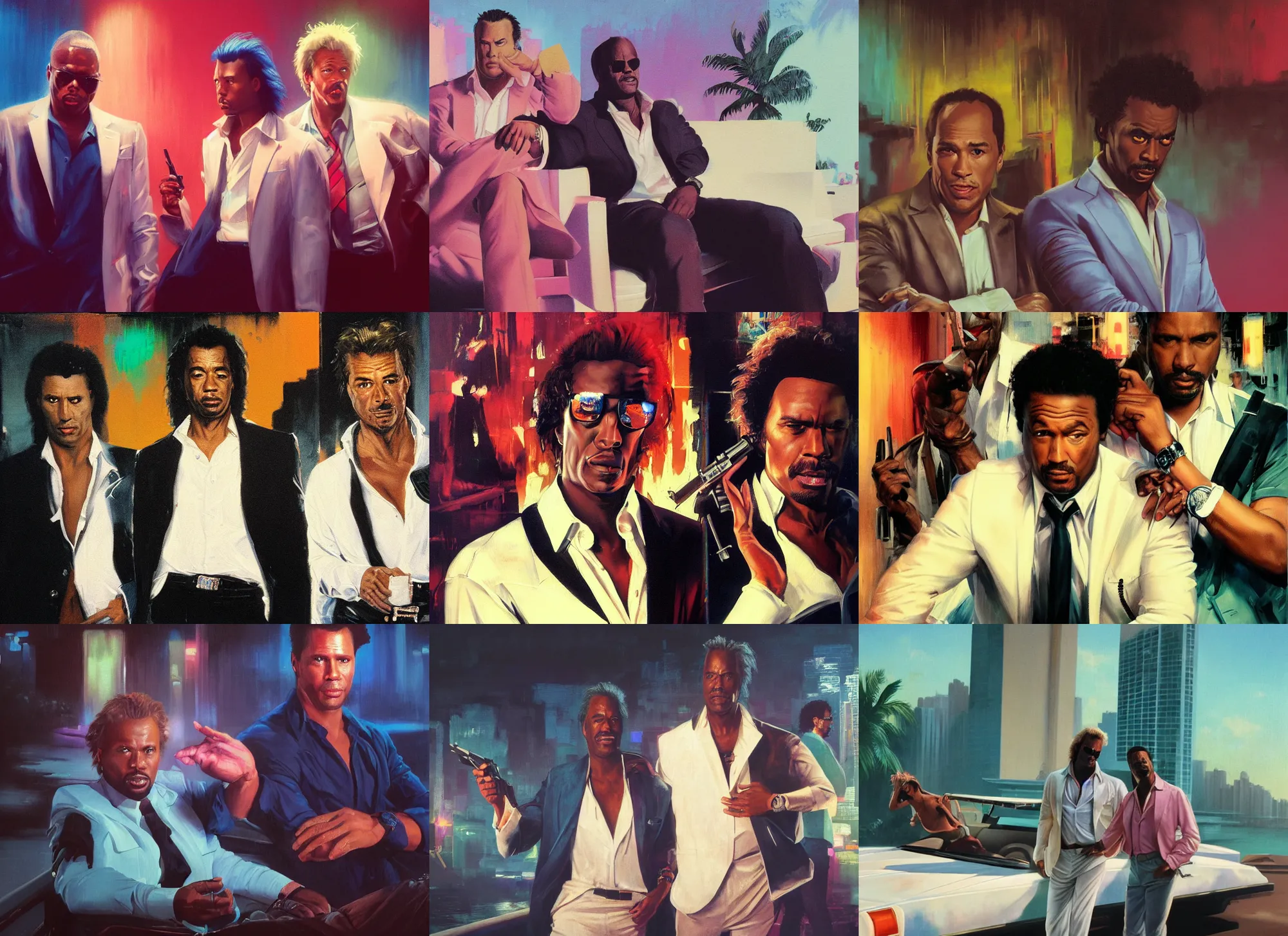 Prompt: a portrait painting of crockett and tubbs, eighties miami vice, night club, ultra realistic, highly detailed faces, true life, 8 k, masterpiece, cinematic, by frank frazetta, greg rutkowski, yoko taro, christian macnevin, beeple, wlop, krenz cushart, epic character art, volumetric lighting