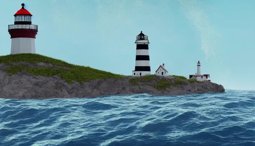 Image similar to a water spout approaches a lighthouse out at sea, digital art, highly detailed, realistic, bright colors, 8 k