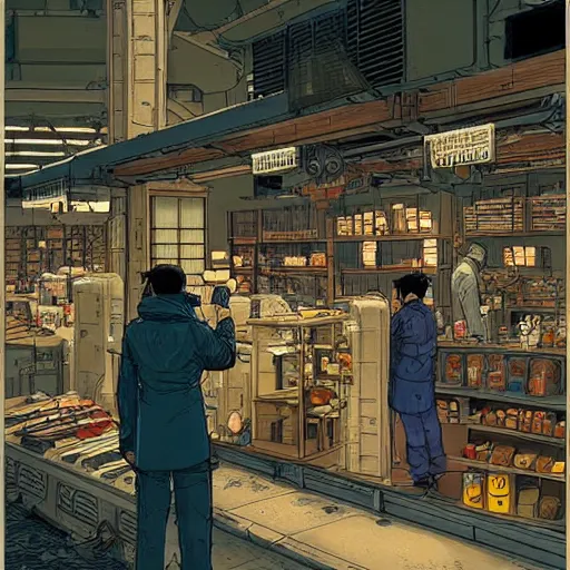 Image similar to japanese merchant in their shop, Industrial Scifi, detailed illustration, character design, by Martin Grip and Moebius