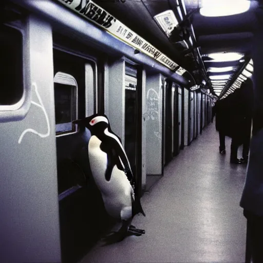 Image similar to penguins riding the subway in new york city in the 1 9 8 0 s, graffiti on the walls, polaroid photograph with flash