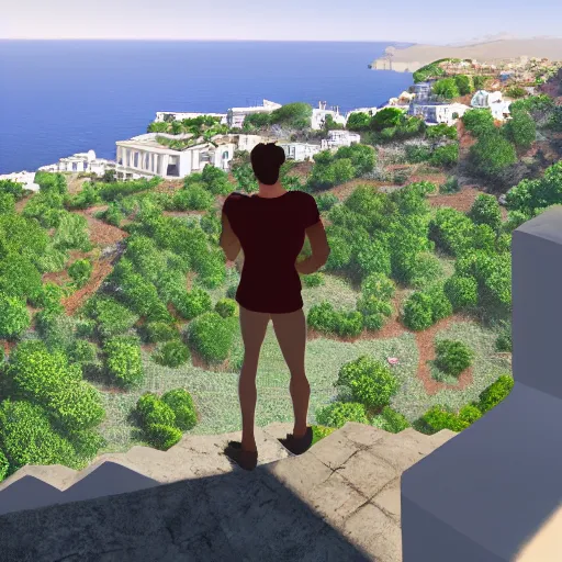 Prompt: man high up in the greek villas looking over at the water, scenic, beautiful landscape, 4 k, artstation