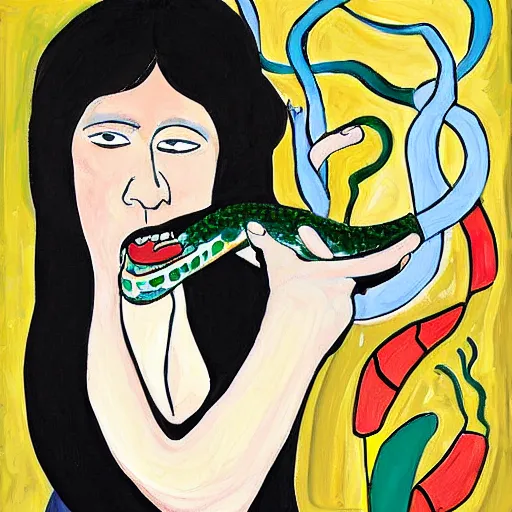 Image similar to A beautiful painting of a snake eating its own tail that seems to go on forever. by Lynda Barry, by Chantal Joffe dreary